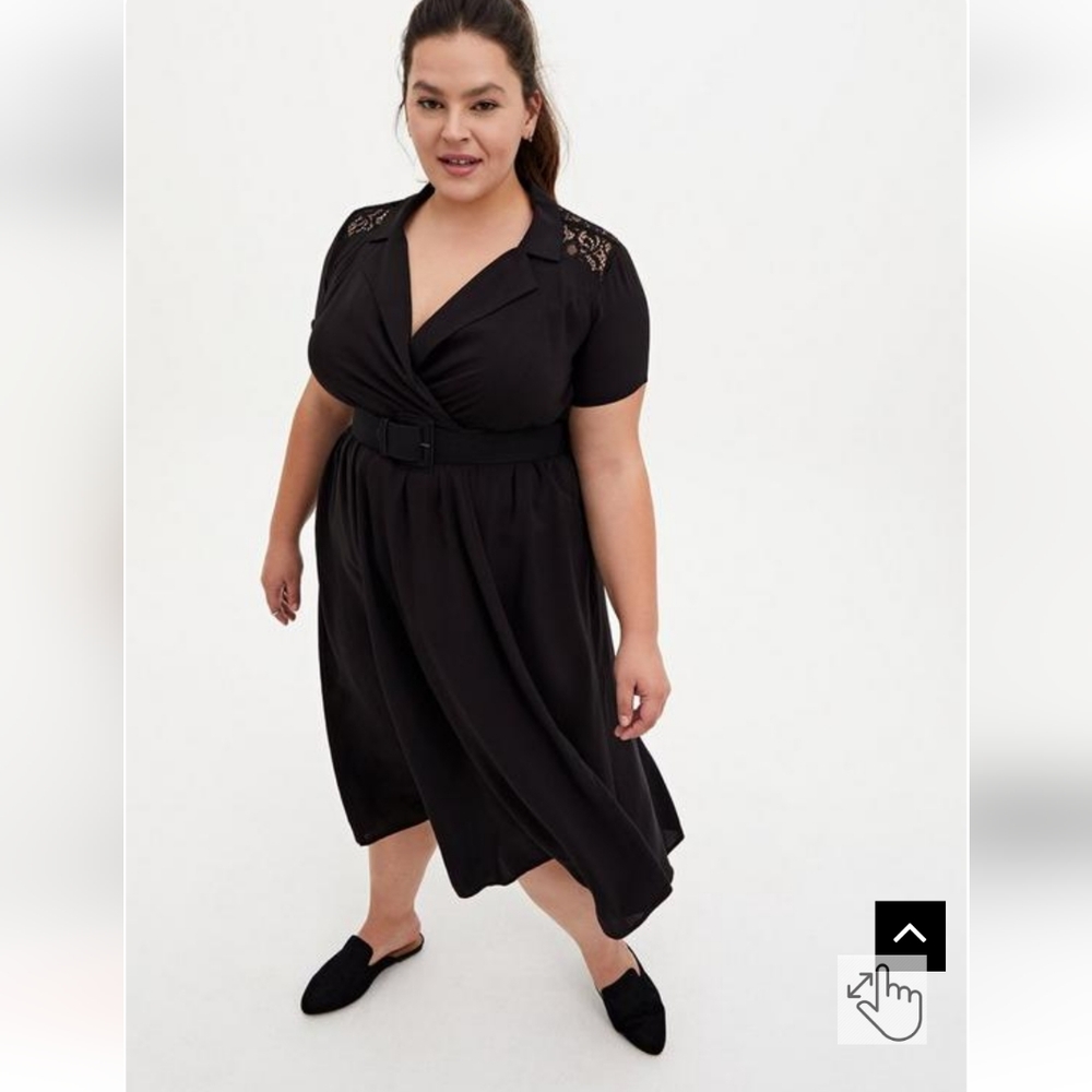 Torrid Black Belted Stretch Challis Lace Insert Midi Surplice Shirt Dress